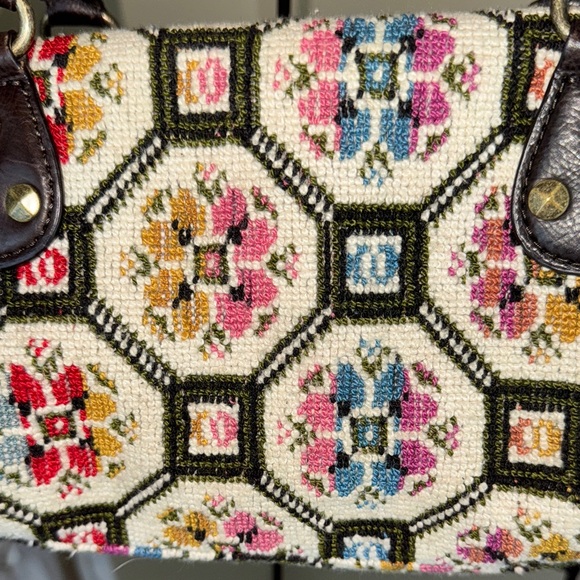 Anthropologie Nest Cross Stitch Embroidery Purse Bag Satchel Leather Handles - Picture 3 of 10